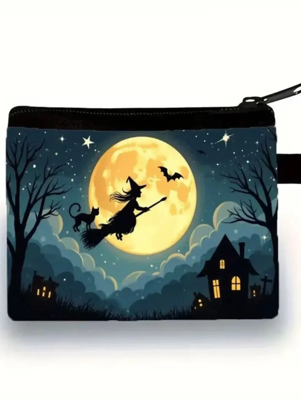 Halloween Gothic Witch w Moon & Bats Makeup Bag Double-Sided 4.1